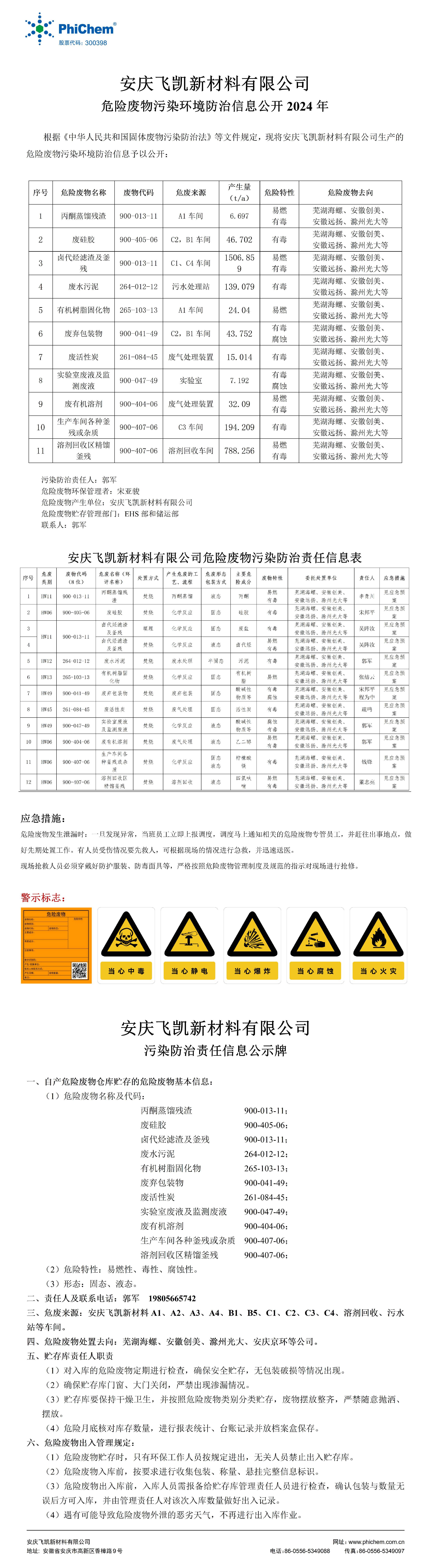 安慶飛凱新材料有限公司 危險廢物污染環(huán)境防治信息公開(kāi)2024年
